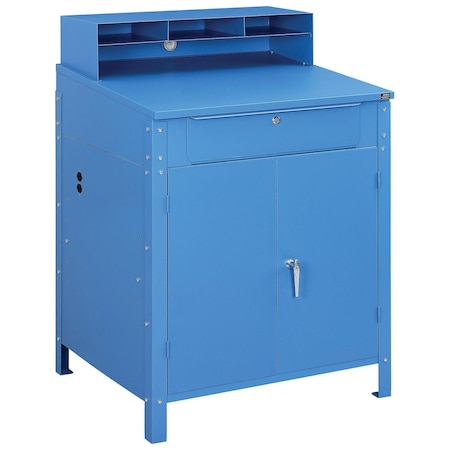 Global Industrial Shop Desk w/Lower Cabinet, Pigeonhole Compartments, 34-1/2W x 30D x 51-1/2H, Blue 300912